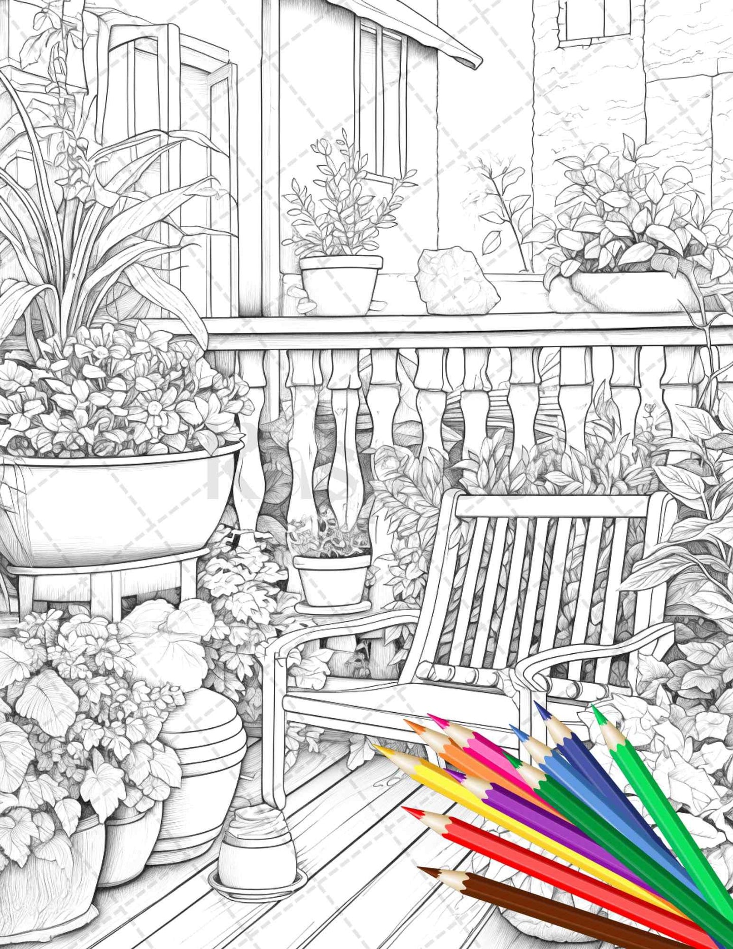 Charming Balcony Garden Grayscale Coloring Pages Printable for Adults, PDF File Instant Download