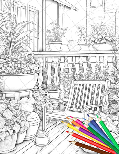 Charming Balcony Garden Grayscale Coloring Pages Printable for Adults, PDF File Instant Download