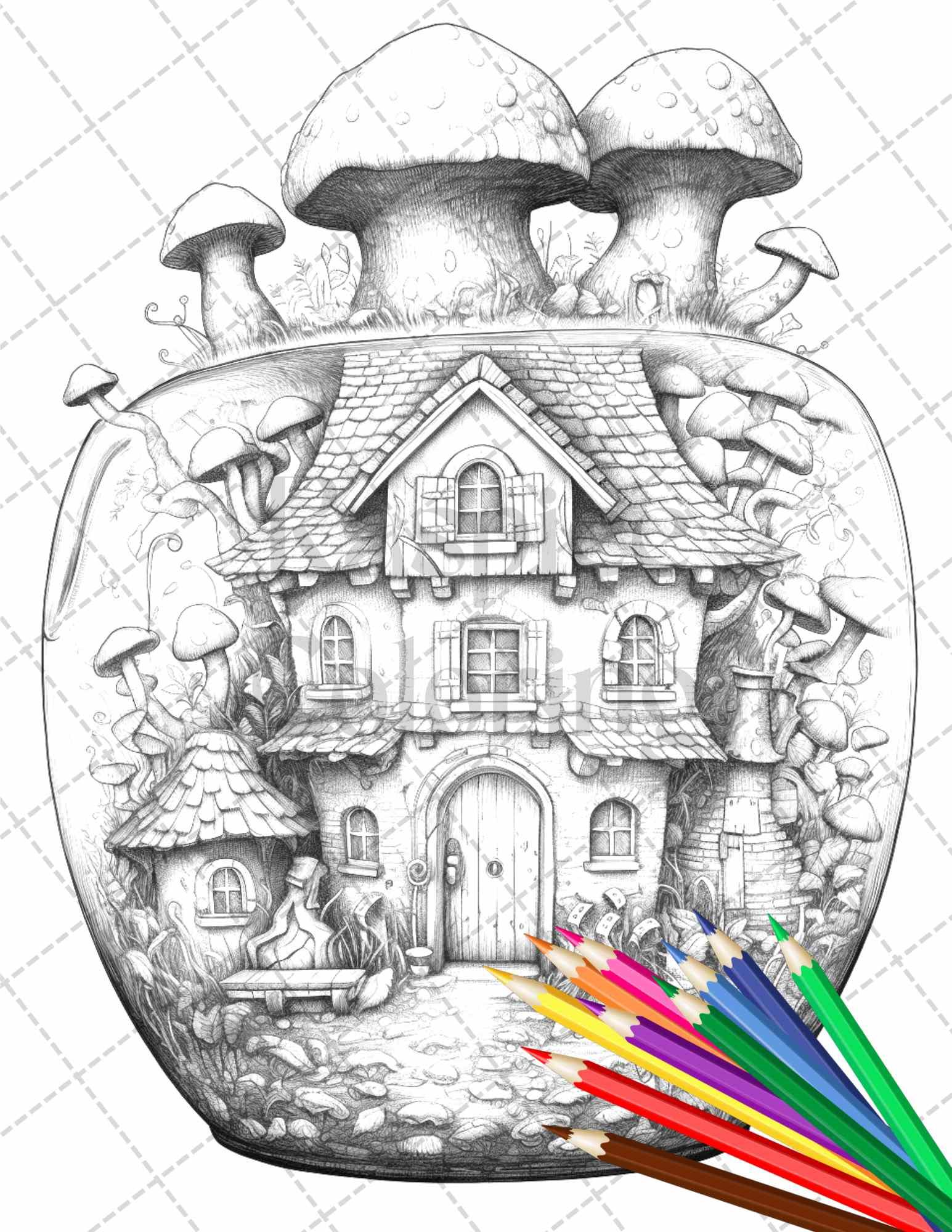 Fairy House in Jar Grayscale Coloring Pages Printable for Adults, PDF File Instant Download
