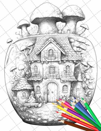 Fairy House in Jar Grayscale Coloring Pages Printable for Adults, PDF File Instant Download