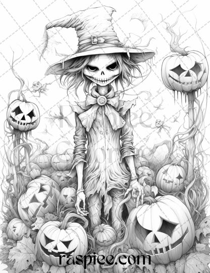 50 Halloween Scarecrows Grayscale Coloring Pages Printable for Adults, PDF File Instant Download