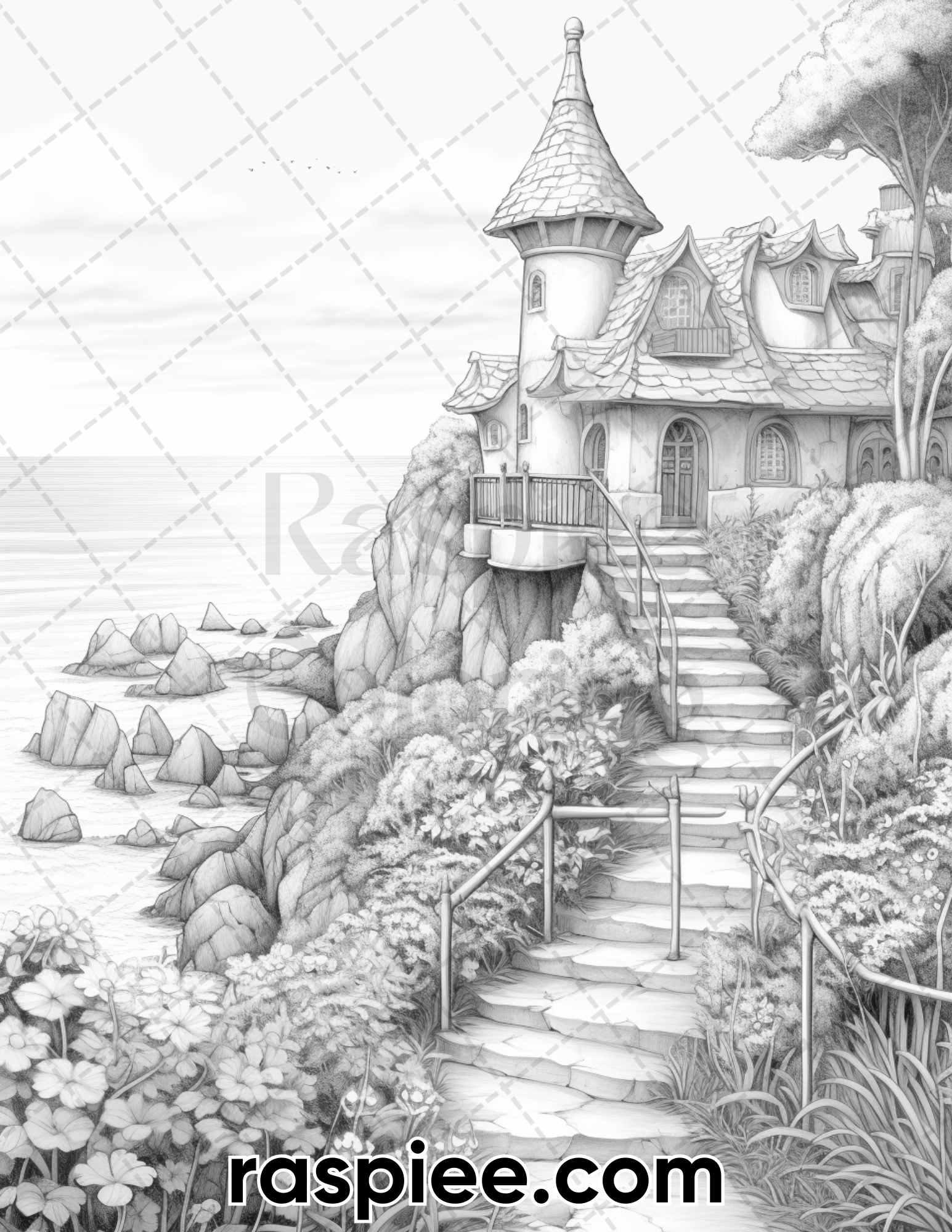 50 Fairy Beach Houses Grayscale Coloring Pages for Adults, Printable PDF Instant Download