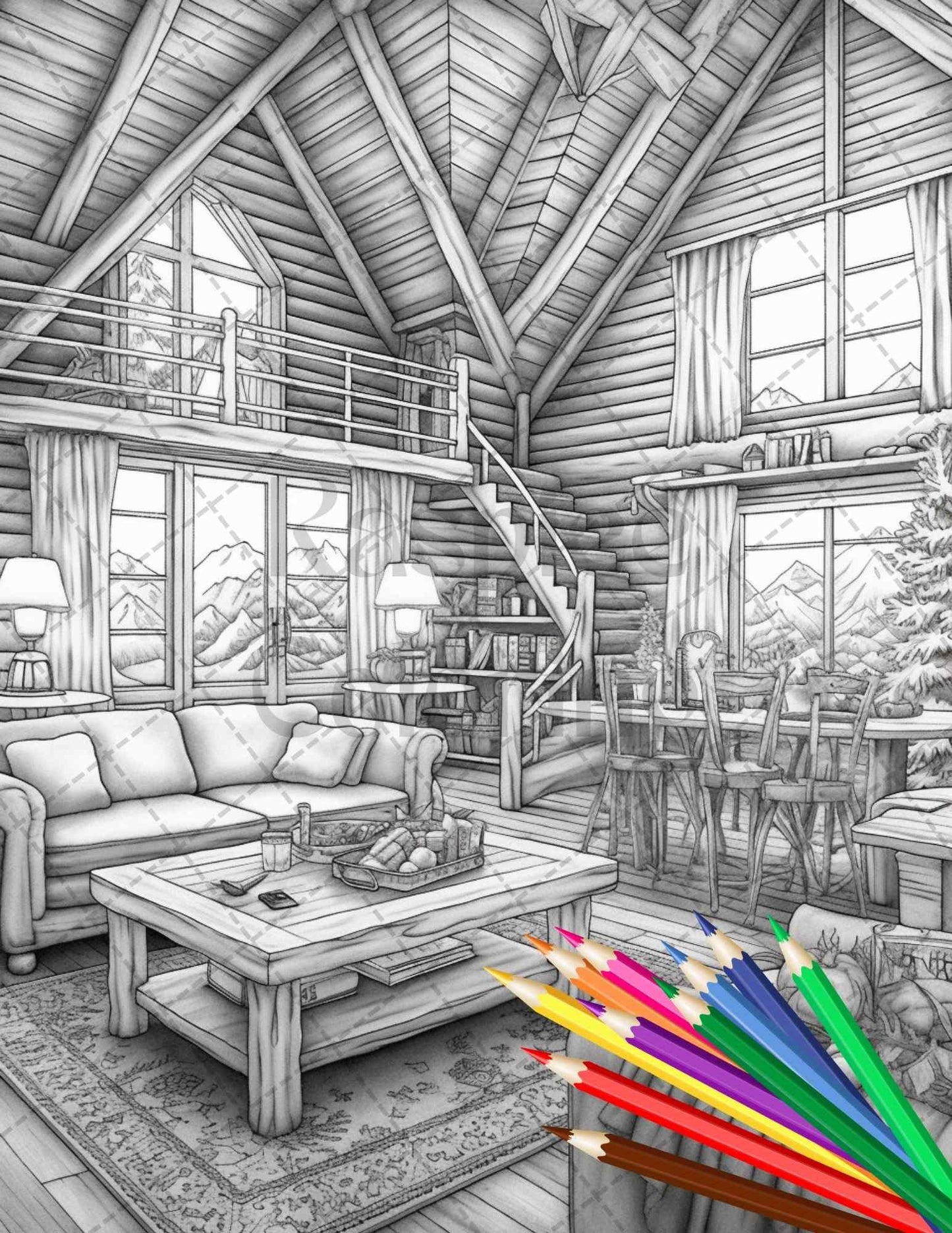 Cozy Cabin Interior Grayscale Coloring Pages Printable for Adults, PDF File Instant Download