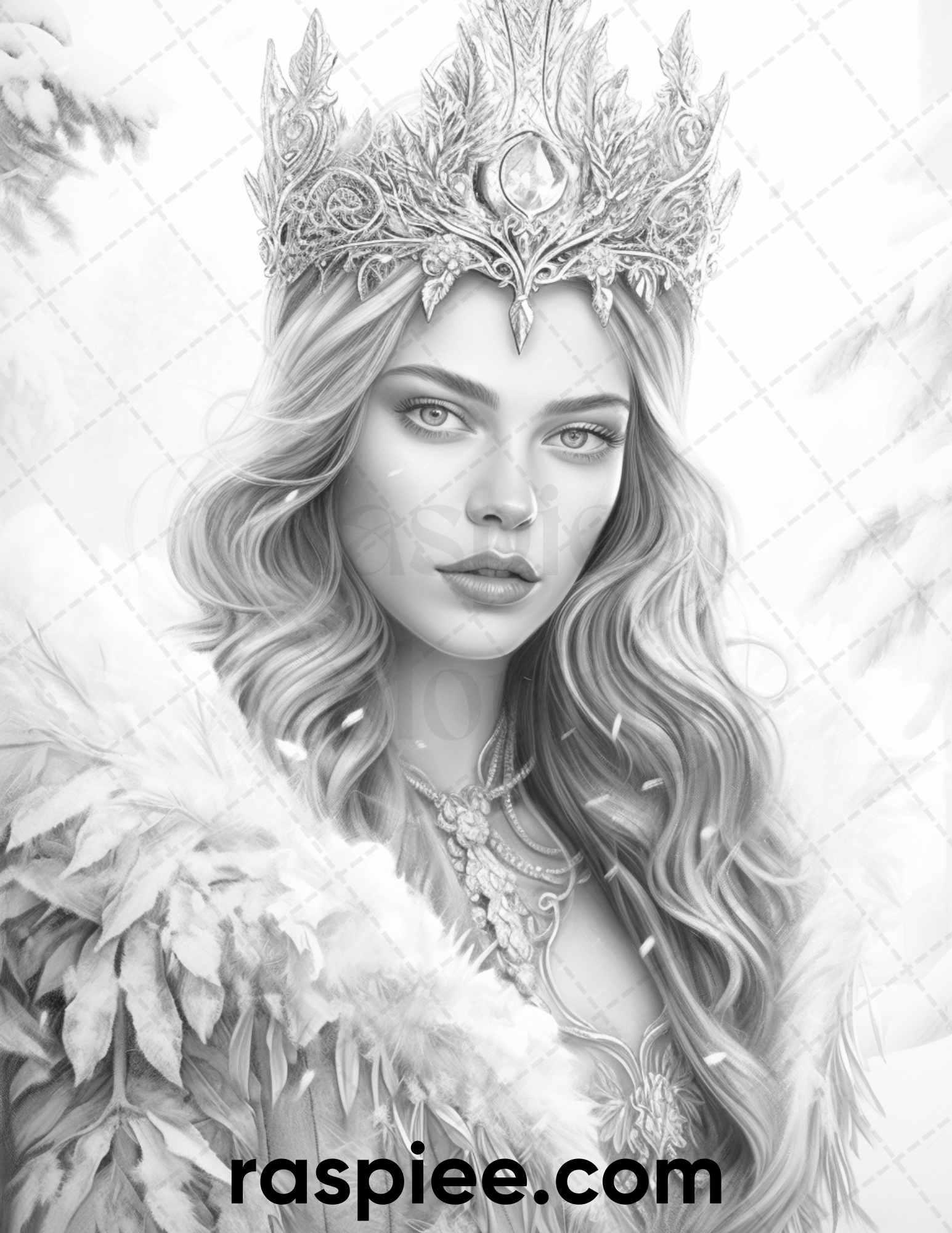 50 Winter Queens Portrait Grayscale Coloring Pages Printable for Adults, PDF File Instant Download