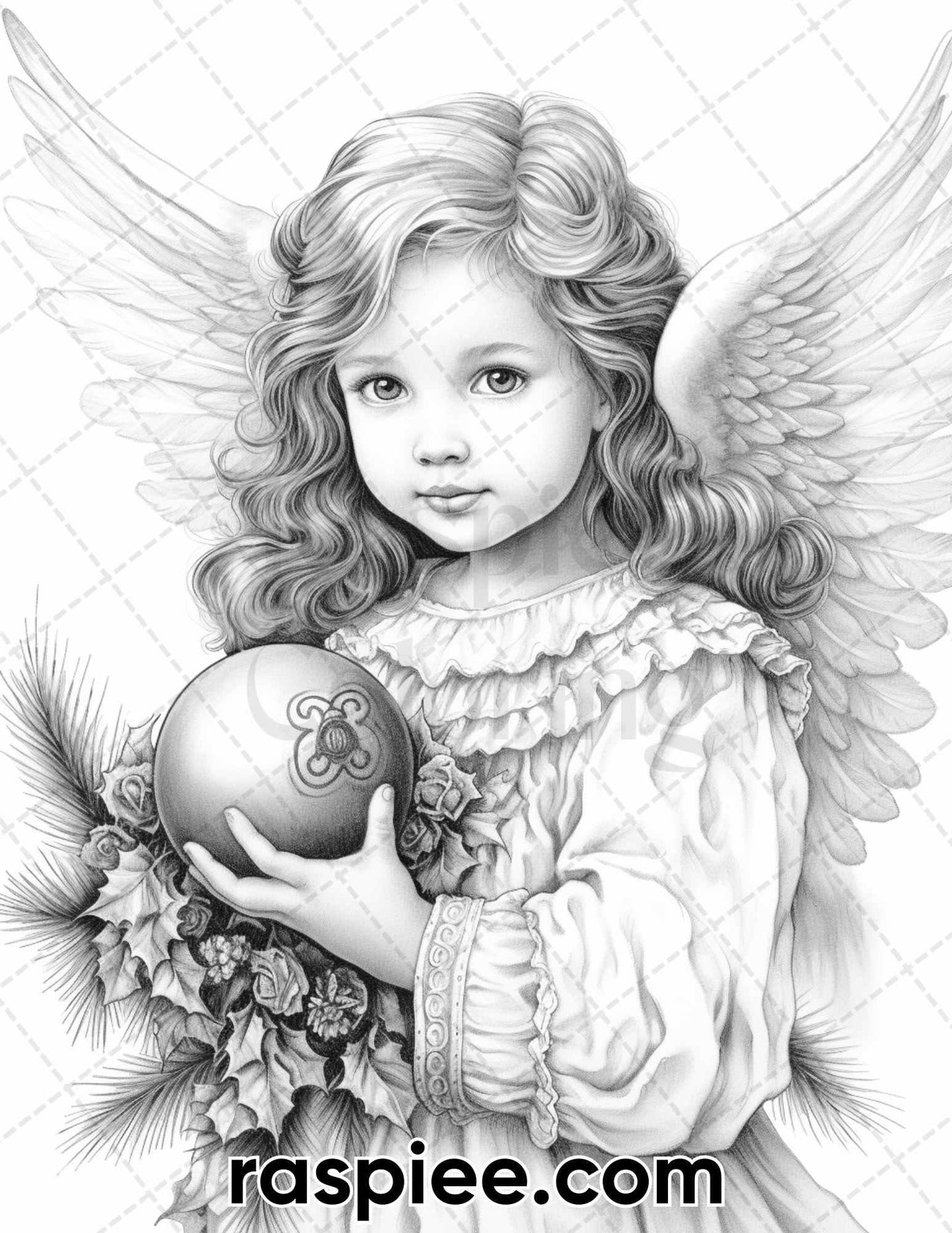55 Christmas Angel Grayscale Coloring Pages for Adults, Printable PDF Instant Download