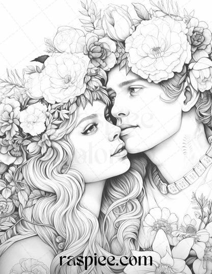 50 Romantic Couple Flowers Grayscale Coloring Pages Printable for Adults, PDF File Instant Download