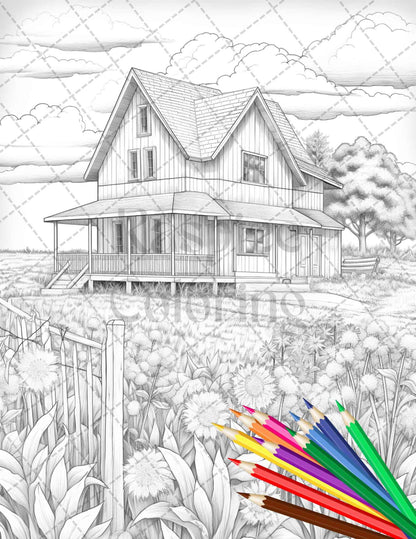 Charming Farmhouse Scenery Grayscale Coloring Pages Printable for Adults, PDF File Instant Download