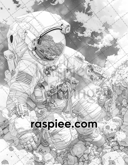 65 Fantasy Astronaut Grayscale Adult Coloring Pages, Printable PDF Instant Download
