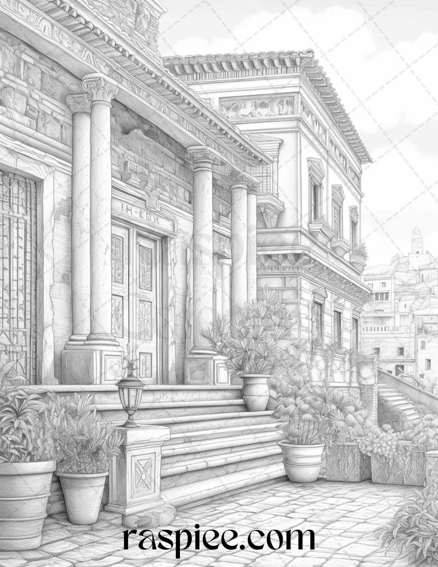 Roman Architecture Grayscale Coloring Pages Printable for Adults, PDF File Instant Download