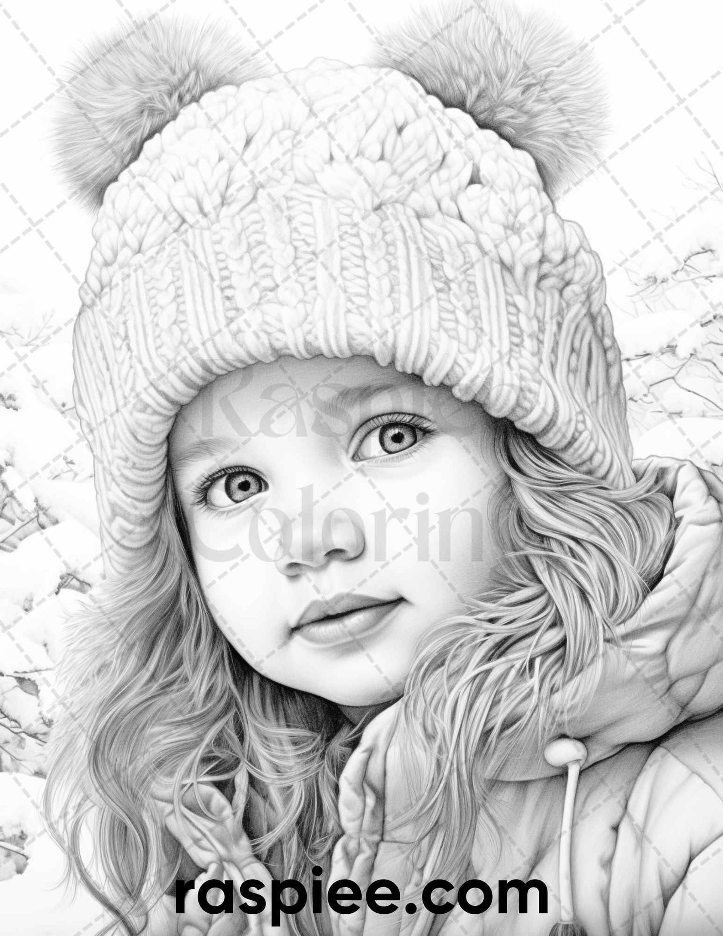 50 Baby Winter Portrait Grayscale Coloring Pages Printable for Adults, PDF File Instant Download