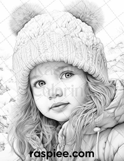 50 Baby Winter Portrait Grayscale Coloring Pages Printable for Adults, PDF File Instant Download