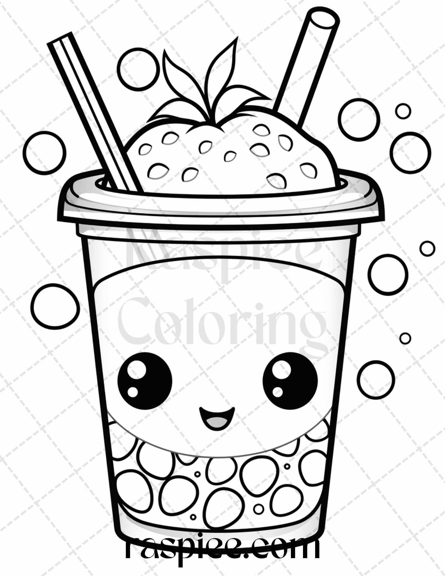 50 Cute Kawaii Boba Tea Grayscale Coloring Pages for Adults and Kids, Printable PDF File Instant Download