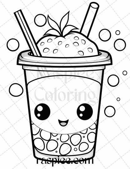 50 Cute Kawaii Boba Tea Grayscale Coloring Pages for Adults and Kids, Printable PDF File Instant Download