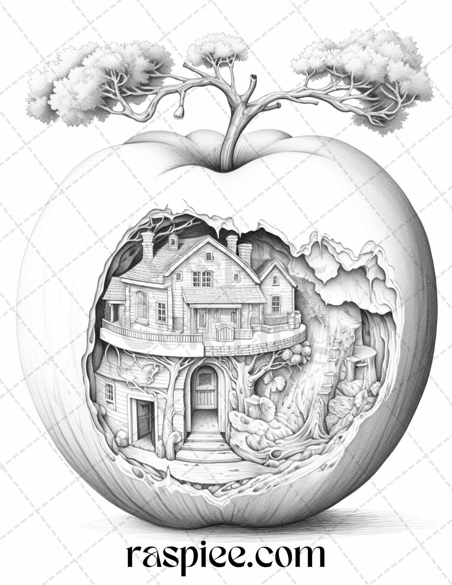 60 Miniworld in the Apple Grayscale Coloring Pages Printable for Adults, PDF File Instant Download