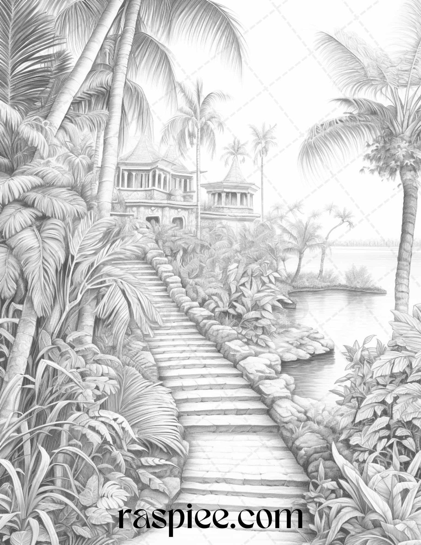 52 Tropical Oasis Grayscale Coloring Pages Printable for Adults, PDF File Instant Download