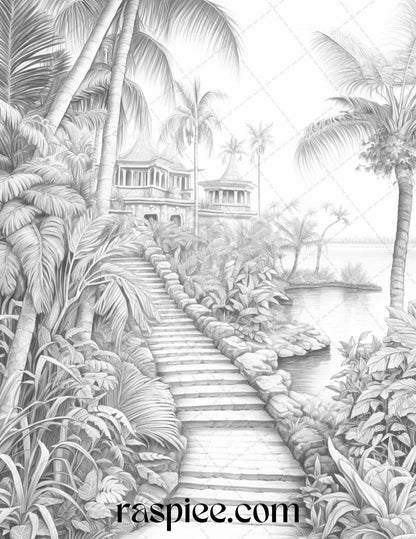 52 Tropical Oasis Grayscale Coloring Pages Printable for Adults, PDF File Instant Download