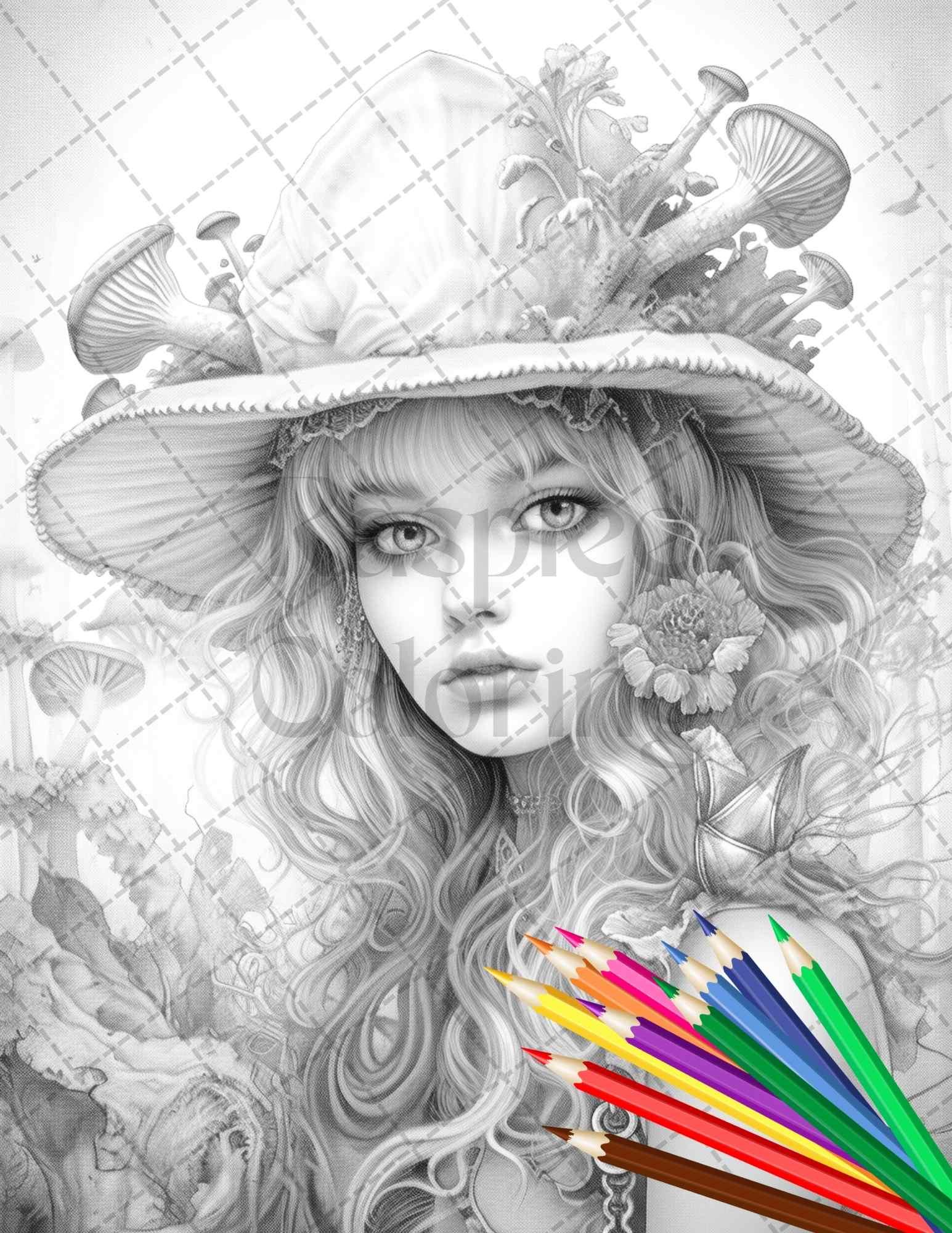 50 Mushroom Fairy Grayscale Coloring Pages Printable for Adults, PDF File Instant Download