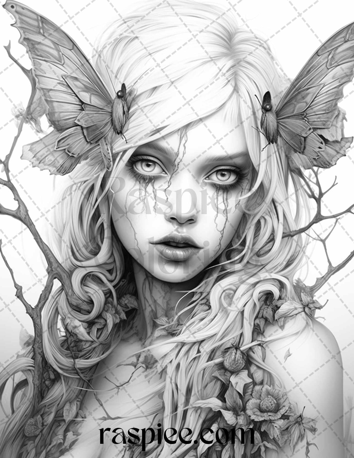 60 Halloween Zombie Fairy Grayscale Coloring Pages Printable for Adults, PDF File Instant Download