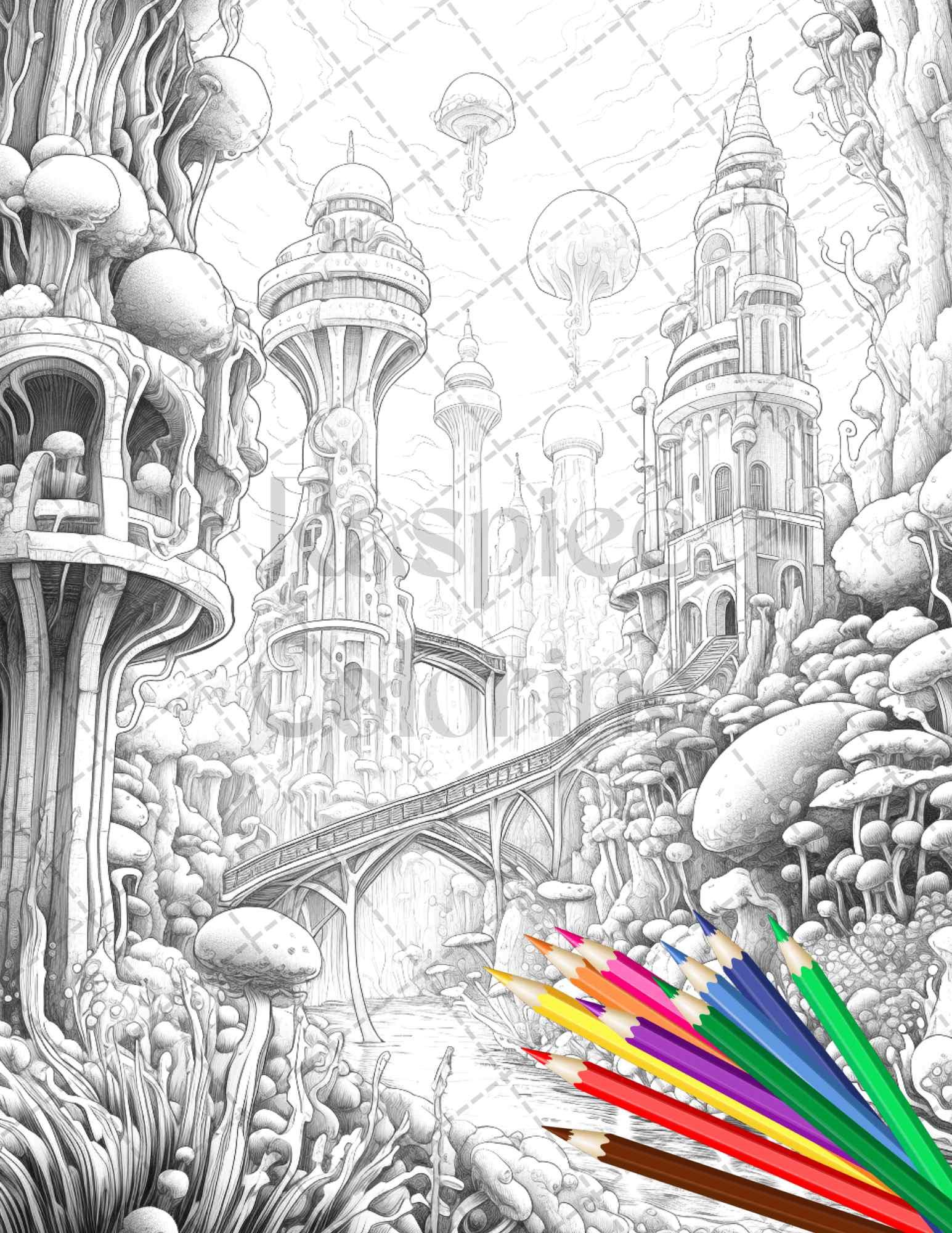 Enchanted Underwater City Grayscale Coloring Pages Printable for Adults, PDF File Instant Download