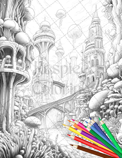 Enchanted Underwater City Grayscale Coloring Pages Printable for Adults, PDF File Instant Download