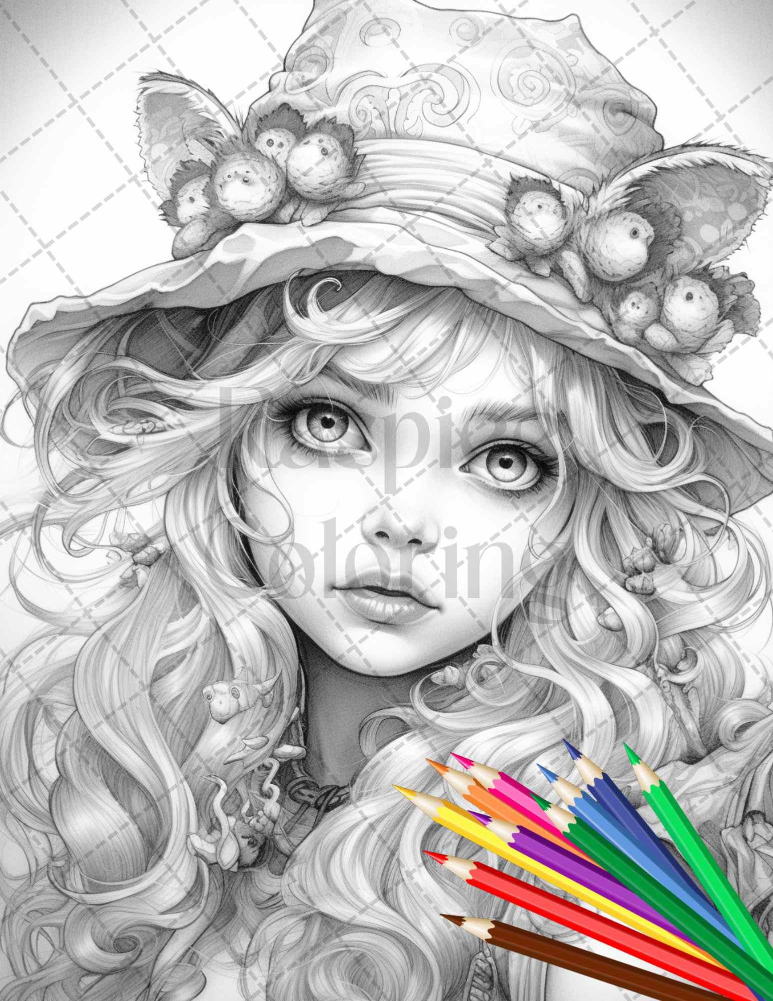 41 Adorable Gnome Girls Grayscale Coloring Pages Printable for Adults and Kids, PDF File Instant Download