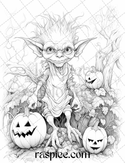50 Halloween Goblin Grayscale Coloring Pages Printable for Adults, PDF File Instant Download