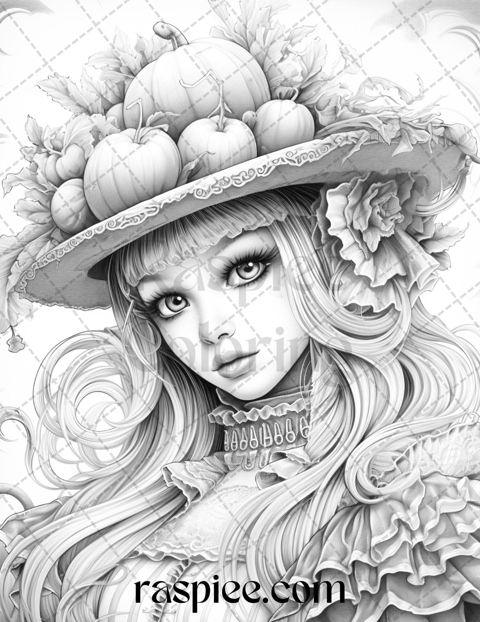 55 Halloween Girls Grayscale Coloring Pages Printable for Adults, PDF File Instant Download