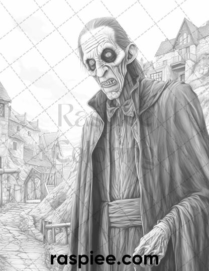 50 Count Dracula Grayscale Coloring Pages Printable for Adults, PDF File Instant Download