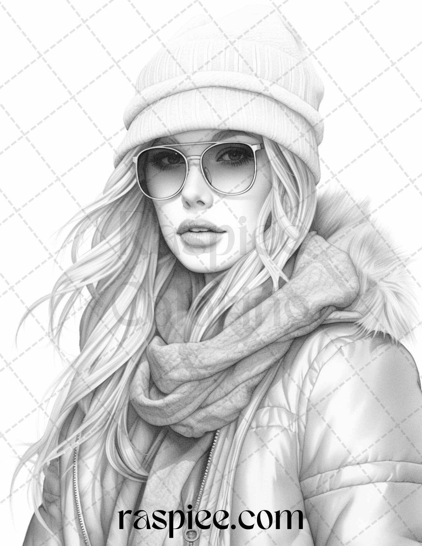40 Winter Fashion Grayscale Coloring Pages Printable for Adults, PDF File Instant Download