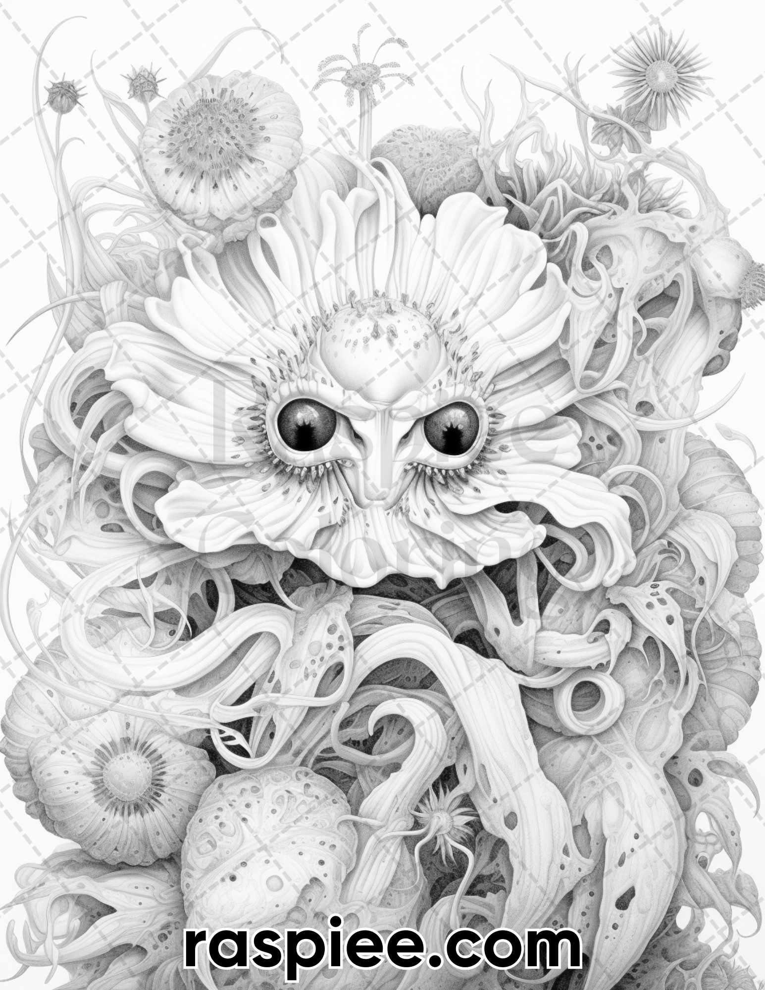 55 Fantasy Flowers Grayscale Coloring Pages for Adults, Printable PDF File Instant Download