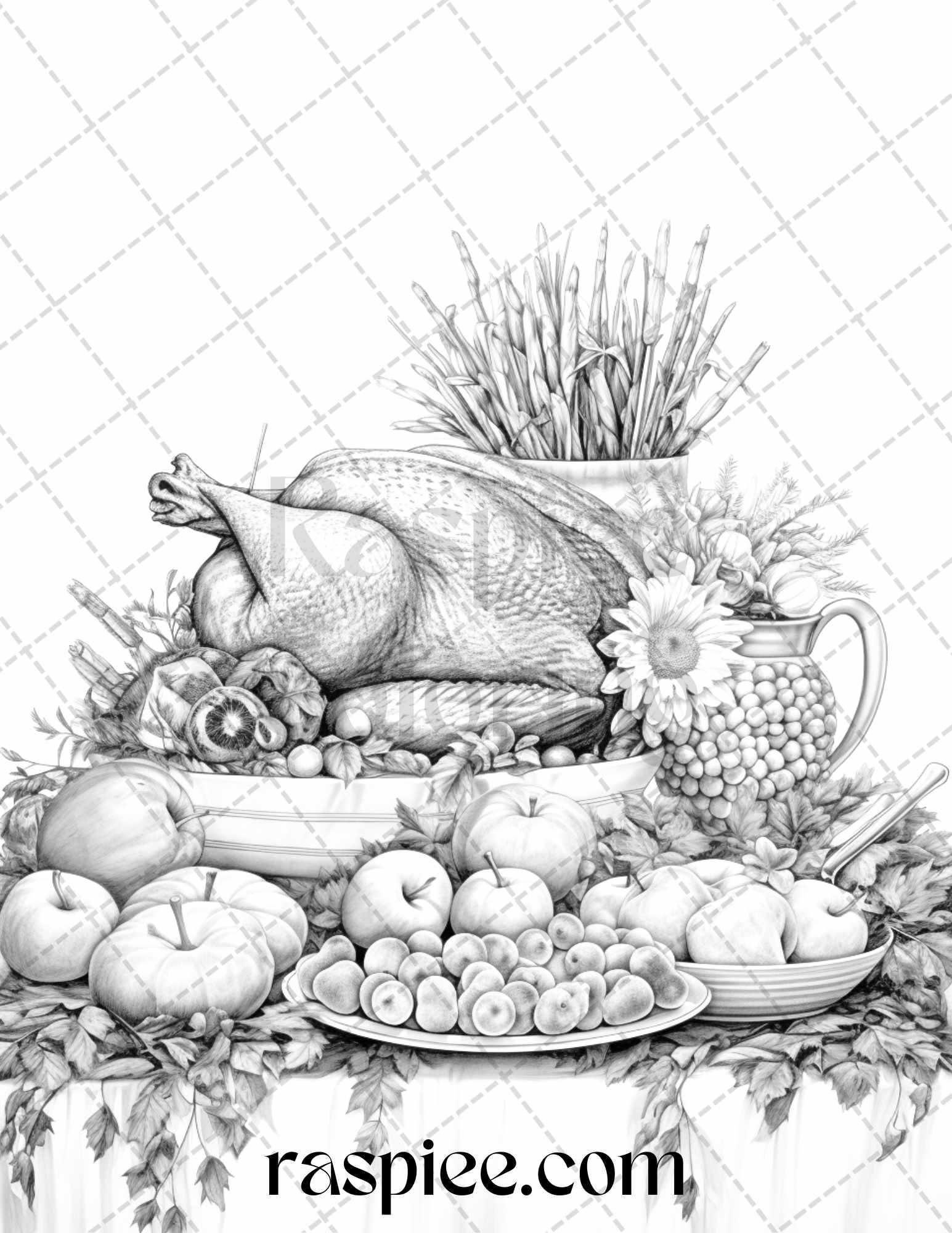 Thanksgiving Dinner Grayscale Coloring Pages for Adults, Relaxing Fall Coloring Sheets, Printable PDF File Instant Download