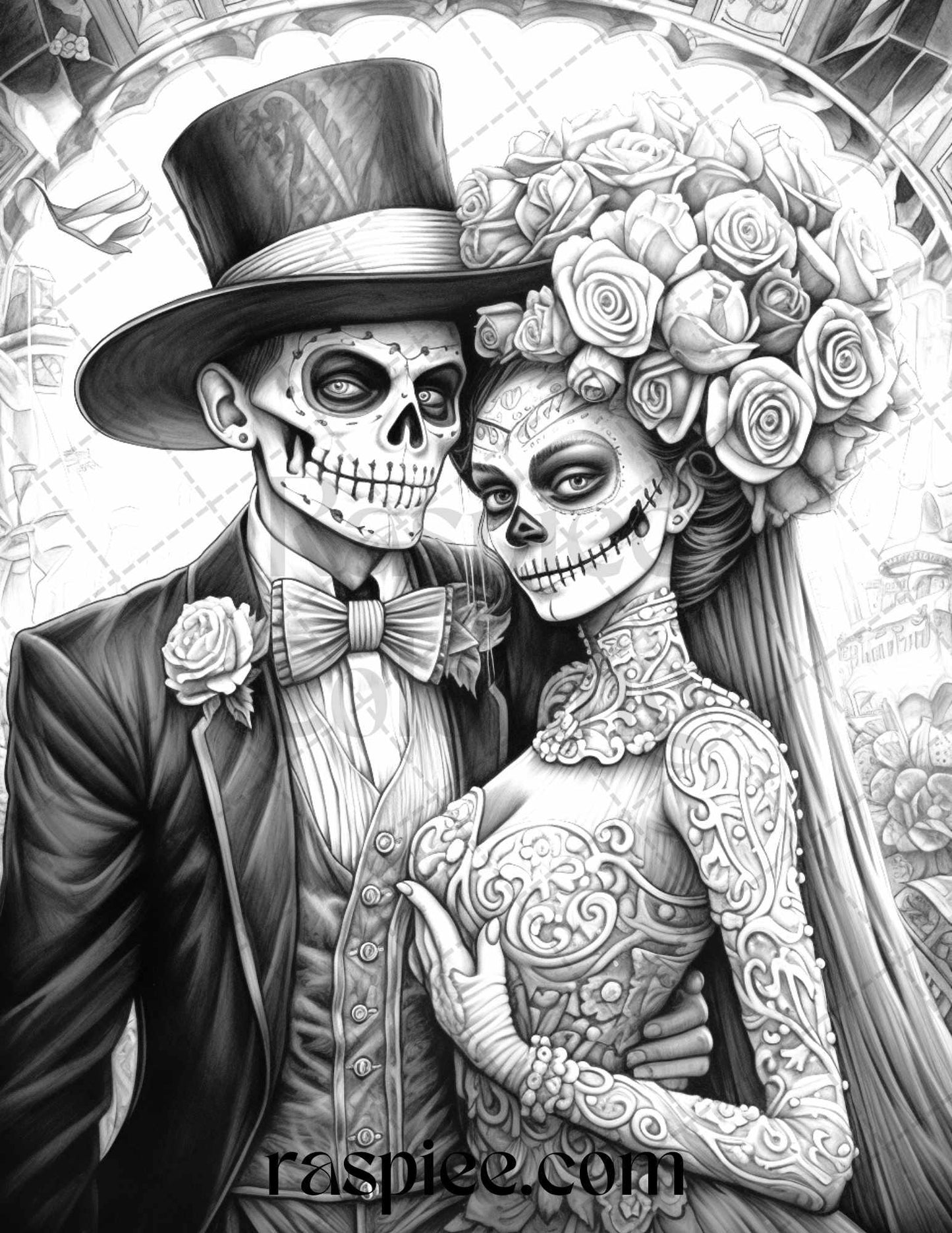 50 Day of the Dead Grayscale Coloring Pages Printable for Adults, PDF File Instant Download