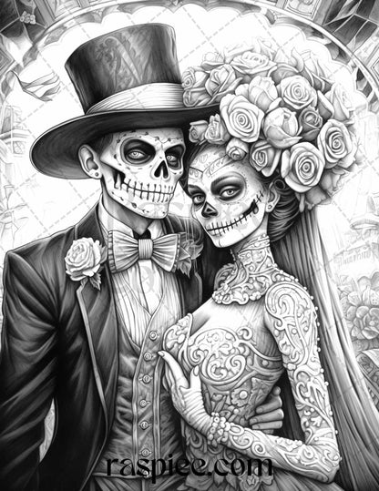 50 Day of the Dead Grayscale Coloring Pages Printable for Adults, PDF File Instant Download