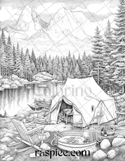Nature Camping Grayscale Coloring Pages Printable, Relaxing Outdoor Scenes, PDF File Instant Download