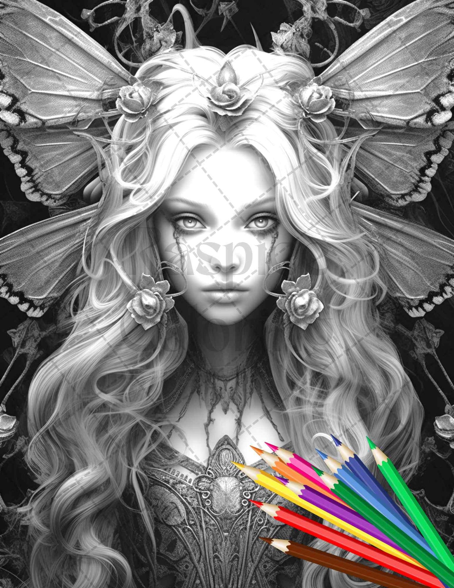 Beautiful Dark Fairy Grayscale Coloring Pages Printable for Adults, PDF File Instant Download
