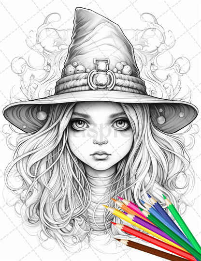 40 Cute Witches Coloring Pages Printable for Adults, Grayscale Coloring Page, PDF File Instant Download
