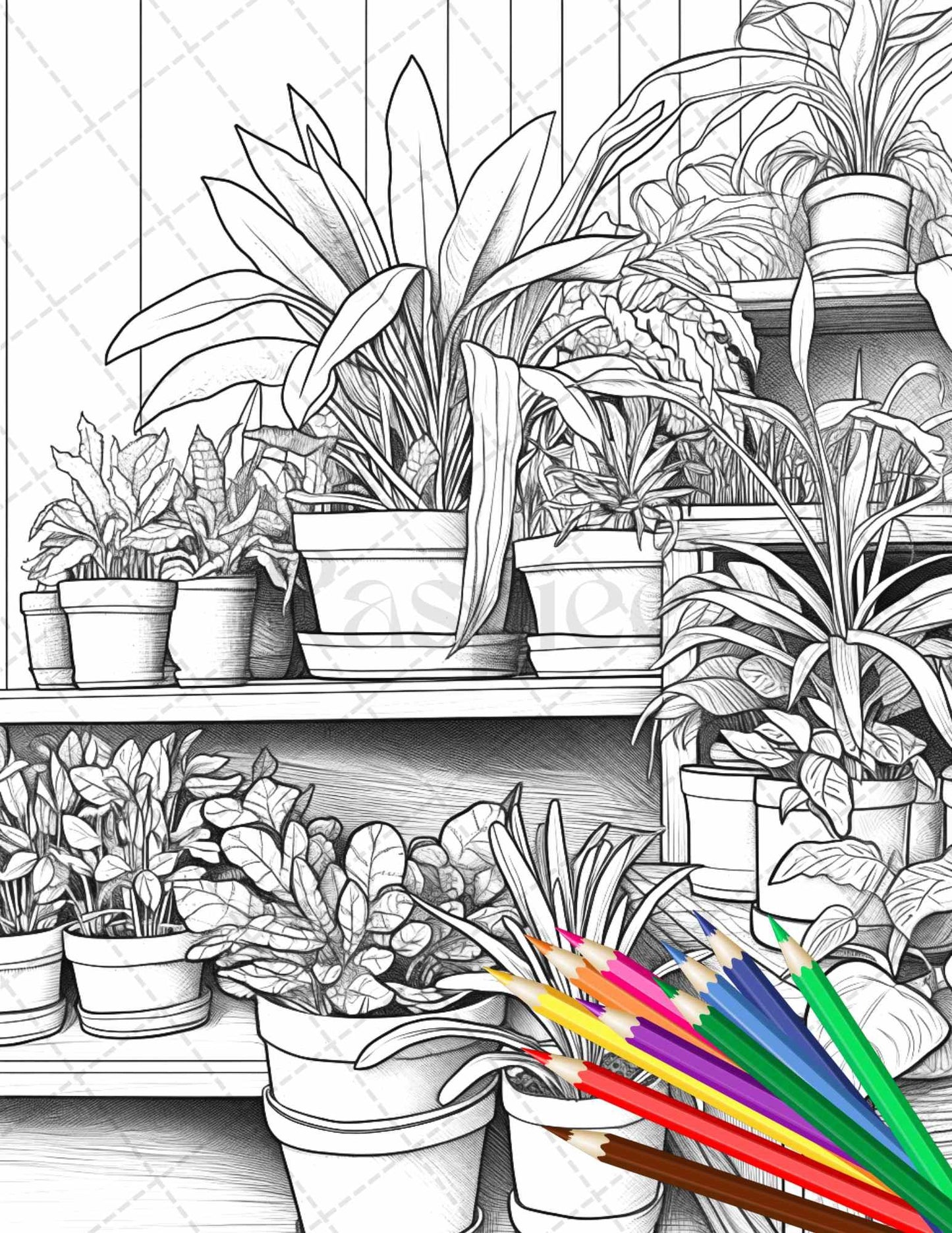 38 Indoor Houseplants Coloring Pages Printable for Adults, Grayscale Coloring Page, PDF File Instant Download