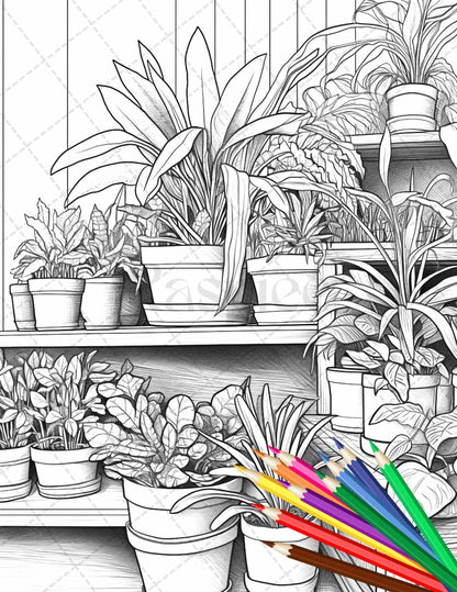 38 Indoor Houseplants Coloring Pages Printable for Adults, Grayscale Coloring Page, PDF File Instant Download
