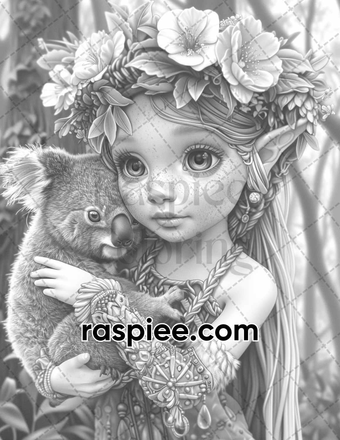 52 Elves Animal Kingdom Grayscale Adult Coloring Pages, Printable PDF Instant Download