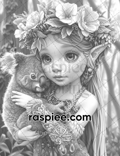 52 Elves Animal Kingdom Grayscale Adult Coloring Pages, Printable PDF Instant Download