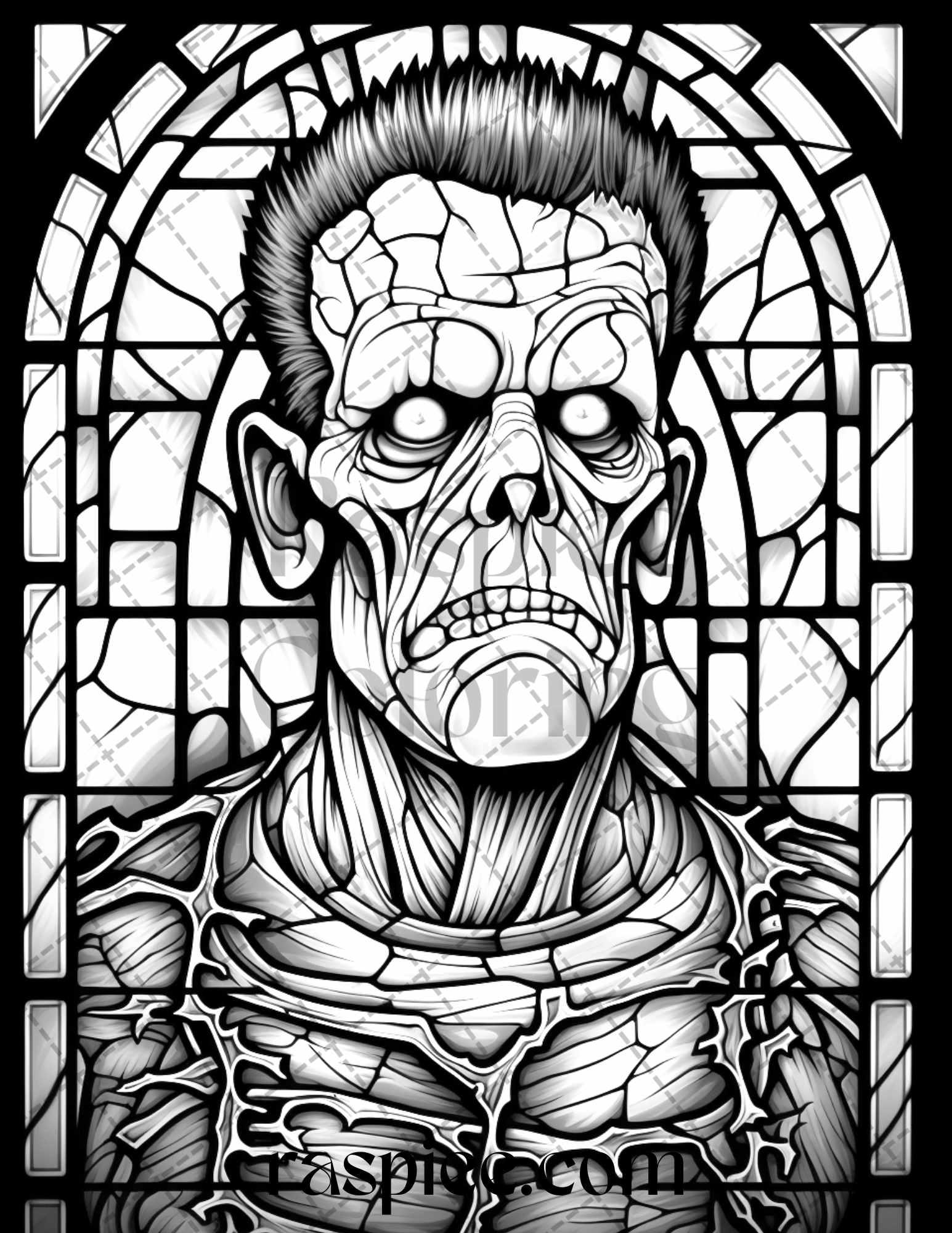 70 Halloween Stained Glass Grayscale Coloring Pages Printable for Adults, PDF File Instant Download