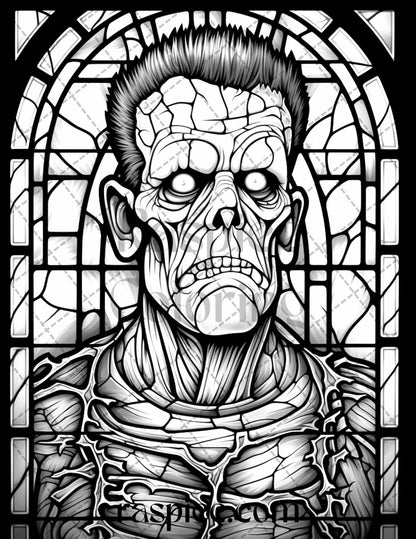 70 Halloween Stained Glass Grayscale Coloring Pages Printable for Adults, PDF File Instant Download