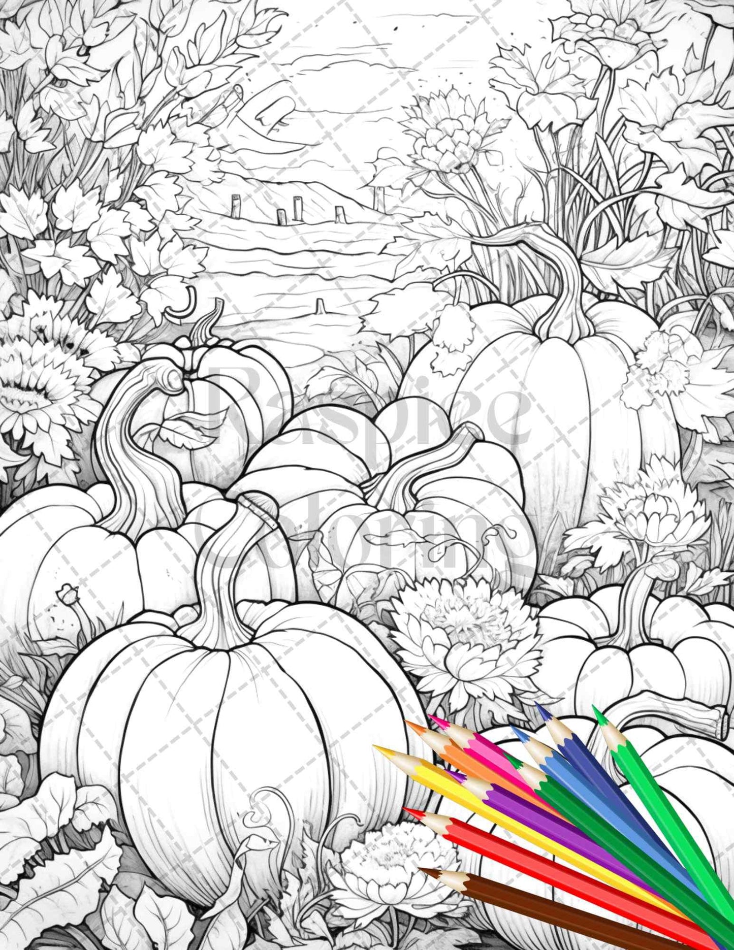 Pumpkin Garden Scenery Grayscale Coloring Pages Printable for Adults, PDF File Instant Download