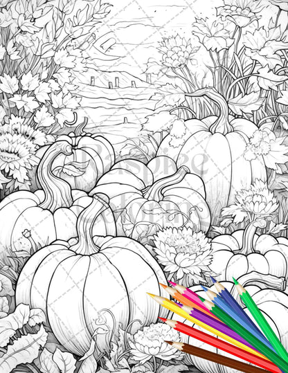 Pumpkin Garden Scenery Grayscale Coloring Pages Printable for Adults, PDF File Instant Download