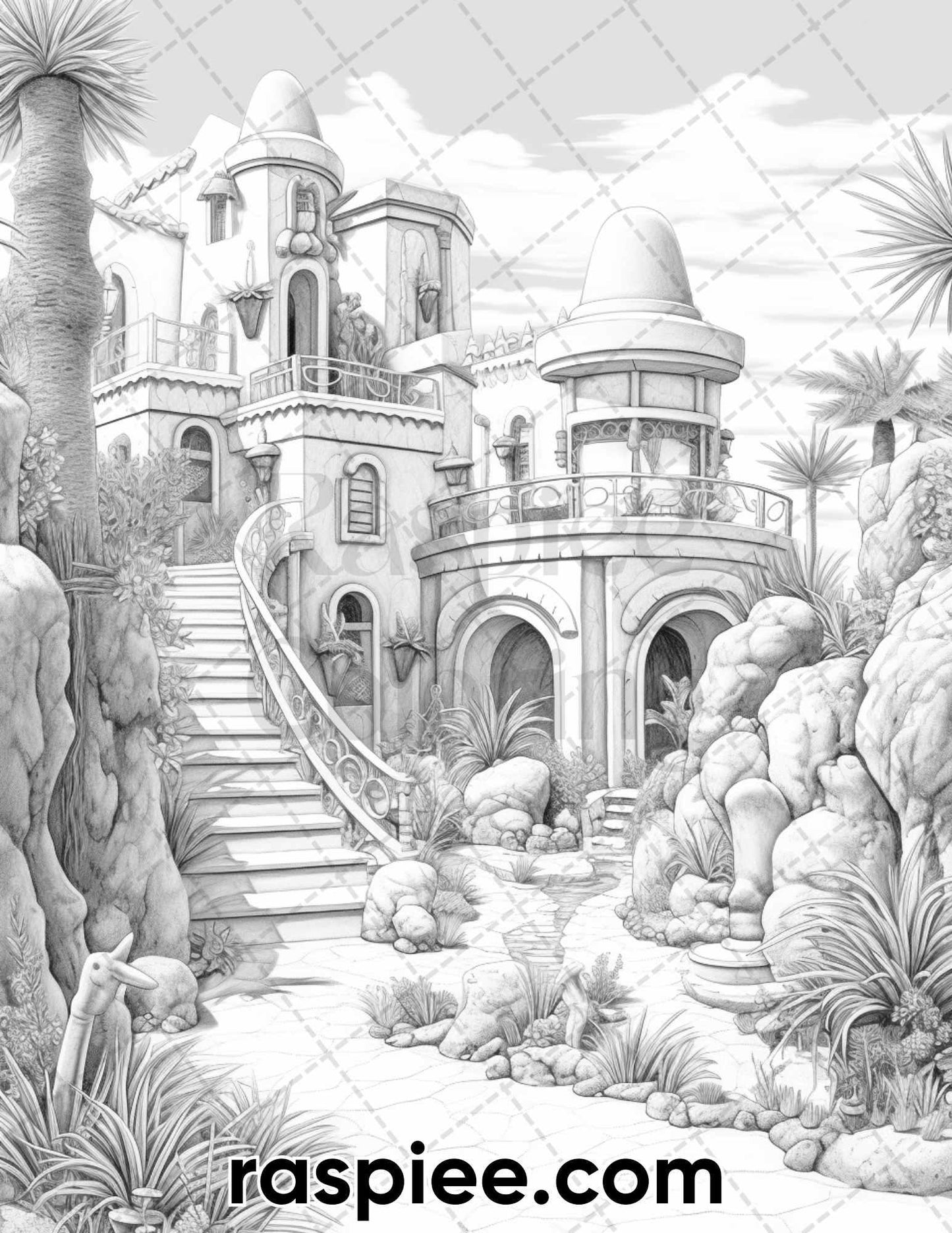 55 Desert Oasis Fairy Homes Grayscale Coloring Pages for Adults, Printable PDF Instant Download