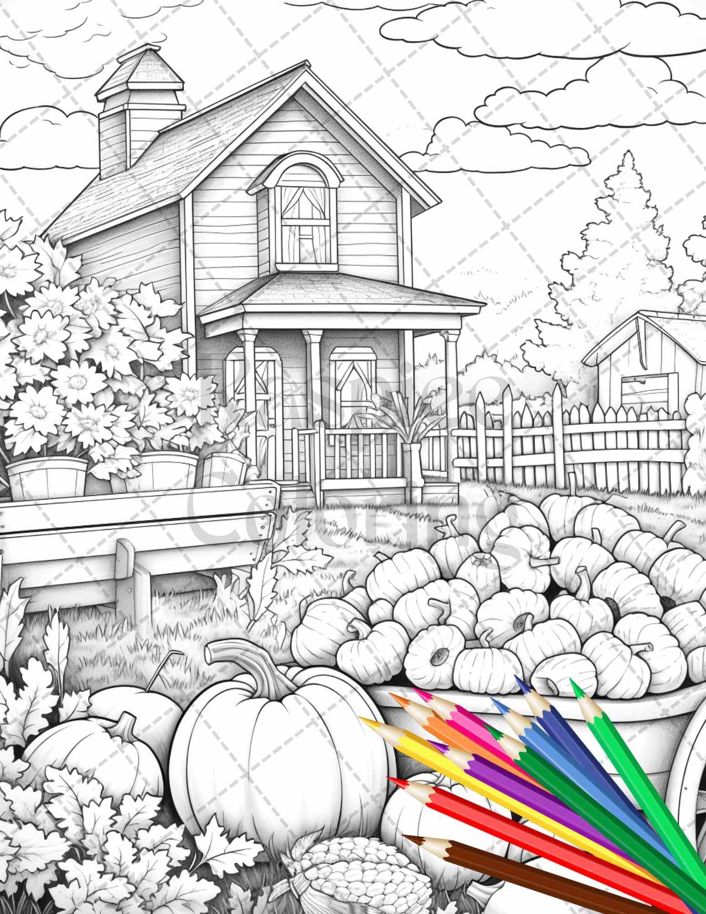 Autumn Harvest Grayscale Coloring Pages Printable for Adults, Relaxing Fall Themed Art, PDF File Instant Download