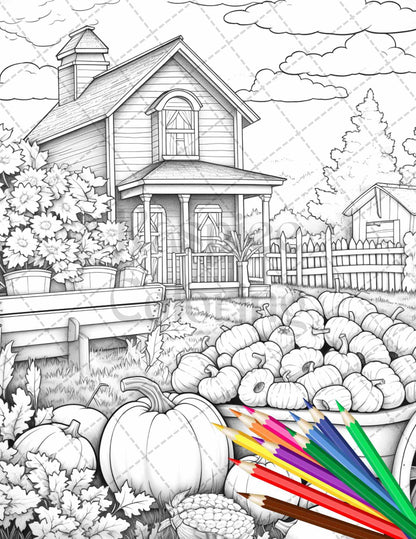 Autumn Harvest Grayscale Coloring Pages Printable for Adults, Relaxing Fall Themed Art, PDF File Instant Download