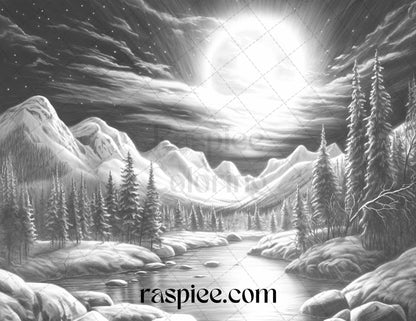 Aurora Borealis Landscape Grayscale Coloring Pages for Adults, Printable PDF File Instant Download