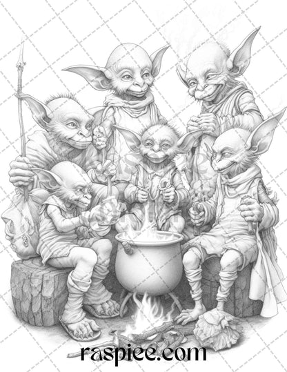Fantasy Goblins Grayscale Coloring Pages Printable for Adults, PDF File Instant Download