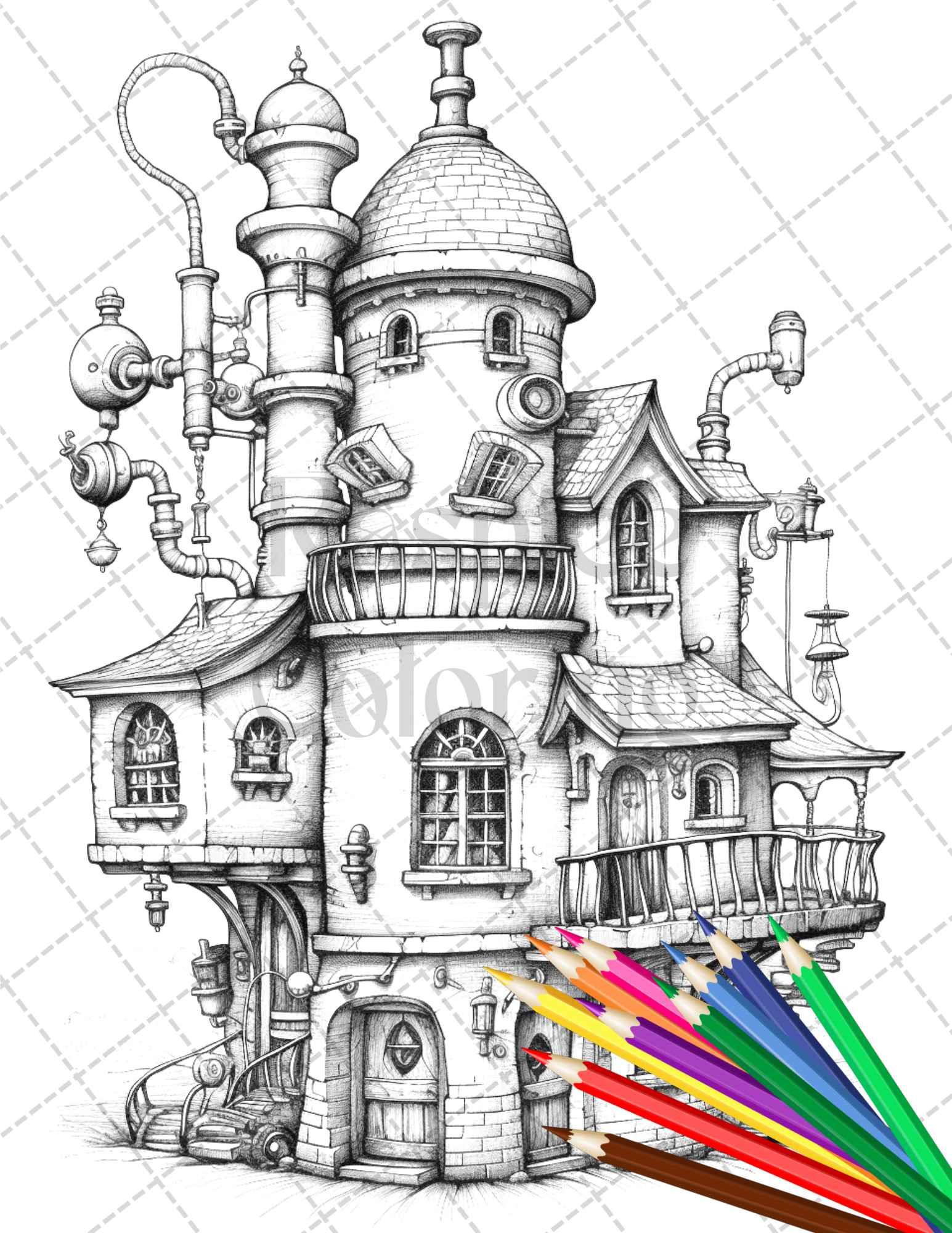 50 Steampunk Houses Grayscale Coloring Pages Printable for Adults, PDF File Instant Download